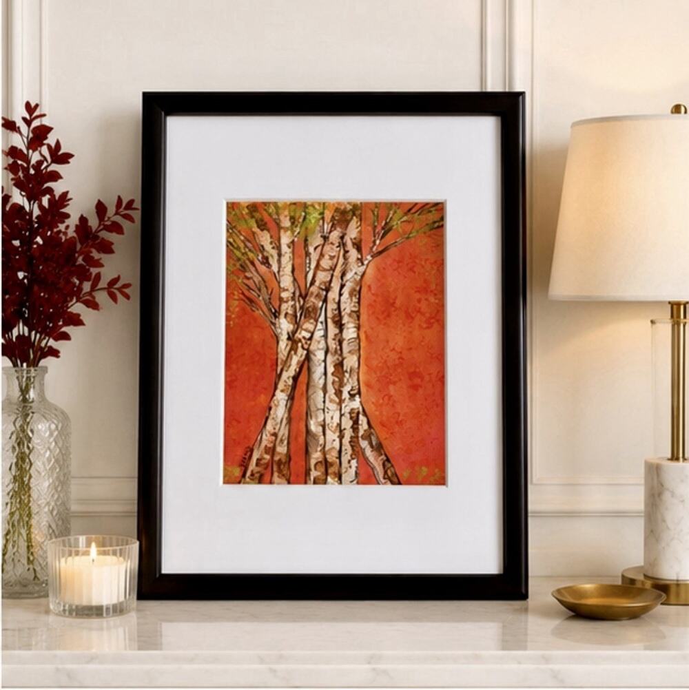 Original Autumn Birch Painting Framed Fall Forest Woodland Art Signed V Kamo